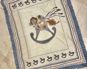 Cute vintage Victorian Carrousel Rocking Horse Teddy Bear Hand made Reffled Quilted Crib Baby Quilt 33 x 44"