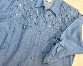 Vintage Size L BLUE Western Light Blue Denim Sequins Button Cotton Shirt Jacket Pockets