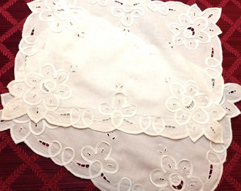 Two Battenberg Cut-Work Lace White 100% Cotton Placemats Dresser Scarf Doillies