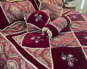 Lush Velvet Queen Burgundy Red Gold Floral Embroidery Victorian Comforter Bedspread and two Matching Shams