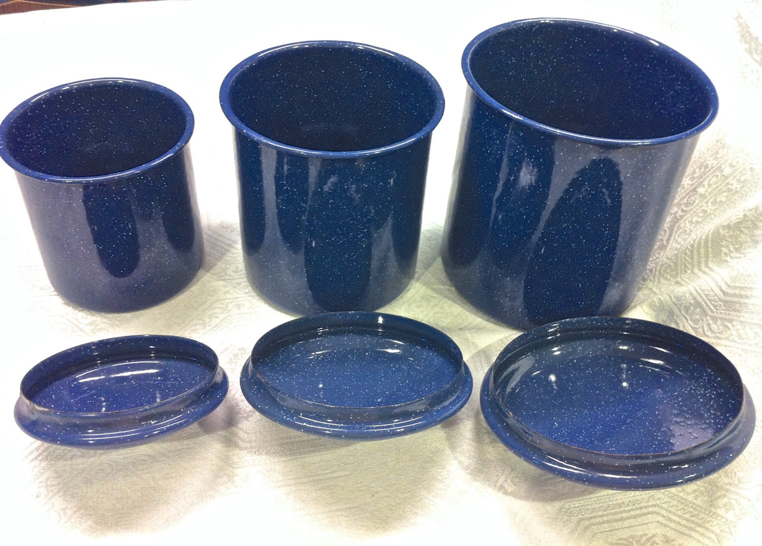 Set of 3 Vtg Navy Blue Speckled Graniteware Enamel Canister Etsy