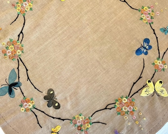 Rare Unfinished 32" Hand Embroidery Beige Round Pink Blue floral Exquisite Butterfly Tablecloth Topper.
