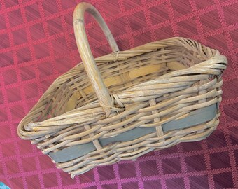 Large Wicker 14 x 11" Blue White Rectangle Handle Gathering Storage Woven Flower Basket