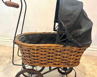 Rare Vtg 14 x 19" Victorian Brown Wicker Black Bonnet Baby Doll Buggy Toy Carriage