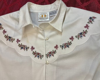 Vintage Size L Long Sleeve Embroidery Cotton Shirt with Pink floral Cross Stitch Floral Flowers