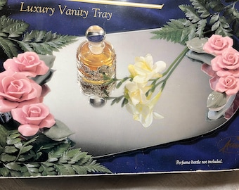 Gorgeous NEW 14 x 8" Pink Porcelain Roses Vanity Perfume Glass Dresser Display Decorative Accents Tray
