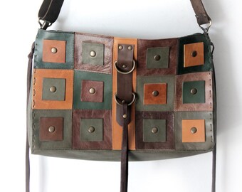 Patchwork Genuine Leather Bag – Natural Tones Elegance Brown Khaki Green Leather bag
