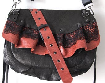 Crimson Whisper | Handmade Leather Satchel - Punk-Romantic Style Grunge, Goth, Rock, Free People, Hobo, Hippie Mori girl S