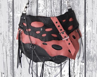 Genuine Cowhide Leather Shoulder Bag – Peach Pink & Black with Circle Cutouts Grunge Punk Hippie Boho style