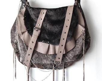 Espresso Brown Mink Earth Fur Leather Crossbody Shoulder Bag: Grunge Boho Hippie Hobo Punk Rock Purse ruffle detail S