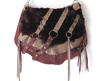 Burgundy beige mink genuine leather dyed lamskin crossbody/ shoulder bag /Grunge-Hippie Hobo Punk Fringe Bag Dyed Apocalyptic Lambskin