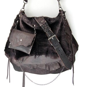 Espresso dark brown lamb leather  and lambskin Shoulder/ Crossbody Bag – Grunge Style Hobo Bag Hippie Goth Punk Purse S