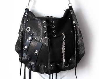 2-Face Handmade Reversible Black Studded Leather Bag – For Free Spirits with a Grunge Soul  Goth, Rock, Hobo, Hippie, Apocalyptic Tribal S