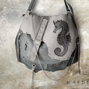 Handmade Shoulder -Grunge Studded Crossbody Purse Grey Mink Seahorse Design Gothic Hobo Hippie Punk Rock Leather Bag Free people image 1