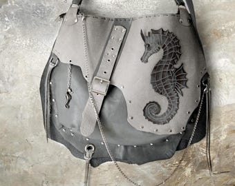 Handmade Shoulder -Grunge Studded Crossbody Purse Grey Mink Seahorse Design Gothic Hobo Hippie Punk Rock Leather Bag Free people