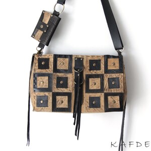 Handmade Leather Patchwork Crossbody Bag - Distressed Camel Nubuck & Black Sheepskin Shoulder Bag Removable Pouch  Tassels Boho Punk Style