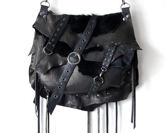 Oerwoud | Handgemaakte leren tas met zwart bont | Bont en zwarte schapenvacht Grunge, gothic, rock, vrije mensen, hobo, hippie, apocalyptische tribal S