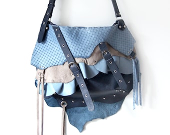 Genuine Leather & Embossed Sheepskin Shoulder Bag – Textural Elegance with Urban Edge Grunge Punk Free Spirit Hippie Style