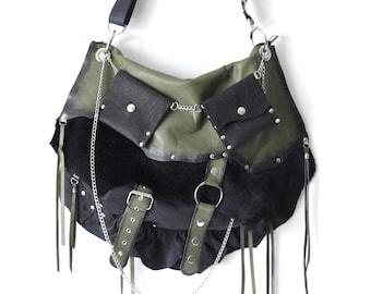 Olive Green Black Genuine Leather and Black Lambskin Shoulder/ Crossbody Grunge Hobo Hippie Goth Punk Bag Purse / Hand-painted Leather S