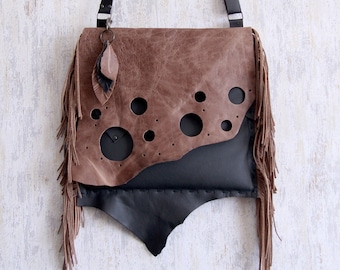 Original asymmetrical distressed red brown leather messenger bag /Bohemian fringe bag/shoulder bag /Fringe leather bag /Crossbody boho purse