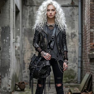 May include: A woman wearing a black leather jacket, distressed gray sweater, and ripped black jeans. She is also wearing black boots with buckles and a black shoulder bag with fringe. Her hair is long and white. The image is taken in an alley.
