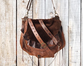 Brown Cognac Leather and Sheepskin Crossbody Bag: Grunge Hippie Hobo Punk Rock Purse ruffle detail