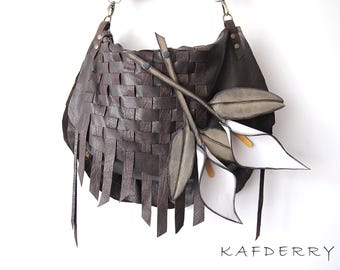 Grunge Style Gothic Woven Dark Brown  Leather Handbag with Removable Cala Lily Flowers – Shoulder/Crossbody