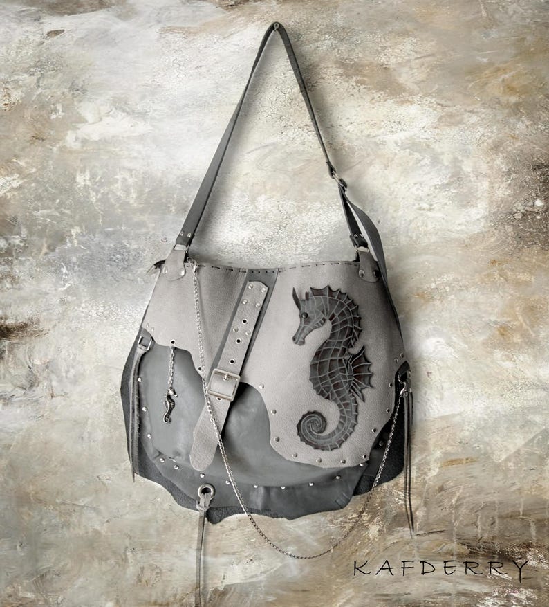Handmade Shoulder -Grunge Studded Crossbody Purse Grey Mink Seahorse Design Gothic Hobo Hippie Punk Rock Leather Bag Free people image 1
