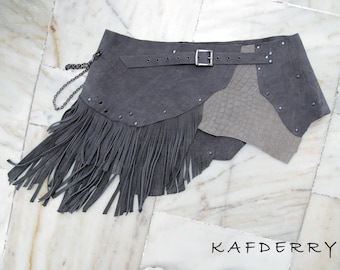 Grey Nubuck Leather Fringe Belt, Boho Rock Leather Wrap Belt, Croc Embossed Leather Hip Belt, Festival Waist Skirt Belt