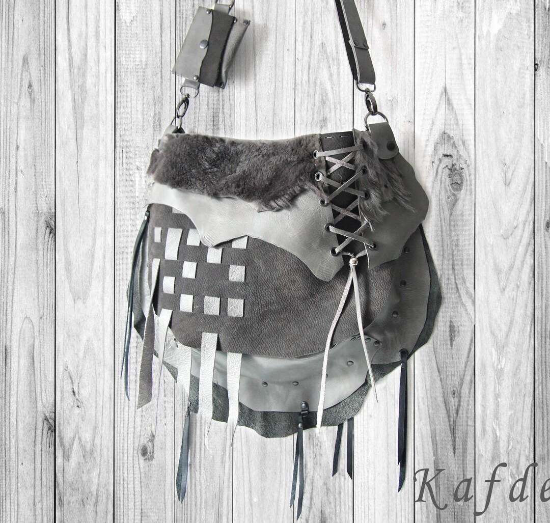 Gray Distressed and Nubuck Leather and Sheep Fur Crossbody Woven ...