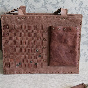 Unique Hand Stitched Distressed Woven Leather Shoulder Bag with Floral Detail image 8