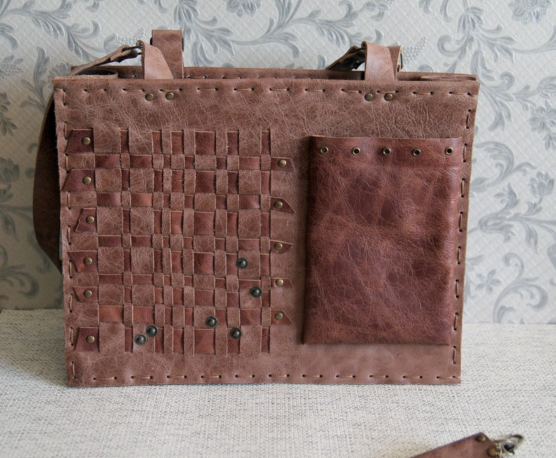 Unique Hand Stitched Distressed Woven Leather Shoulder Bag with Floral Detail image 8