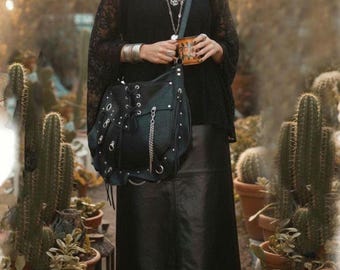 2-Face Handmade Reversible Black Studded Leather Bag – For Free Spirits with a Grunge Soul  Goth, Rock, Hobo, Hippie, Apocalyptic Tribal S