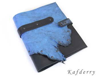 Rustikt blått svart äkta läder handmålat A5-pärm / Planeringspärm i äkta läder / Journalomslag / Filofax i läder handgjort S