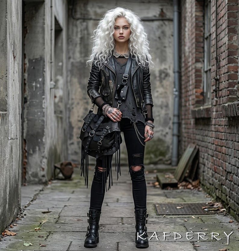 May include: A woman wearing a black leather jacket, distressed gray sweater, and ripped black jeans. She is also wearing black boots with buckles and a black shoulder bag with fringe. Her hair is long and white. The image is taken in an alley.