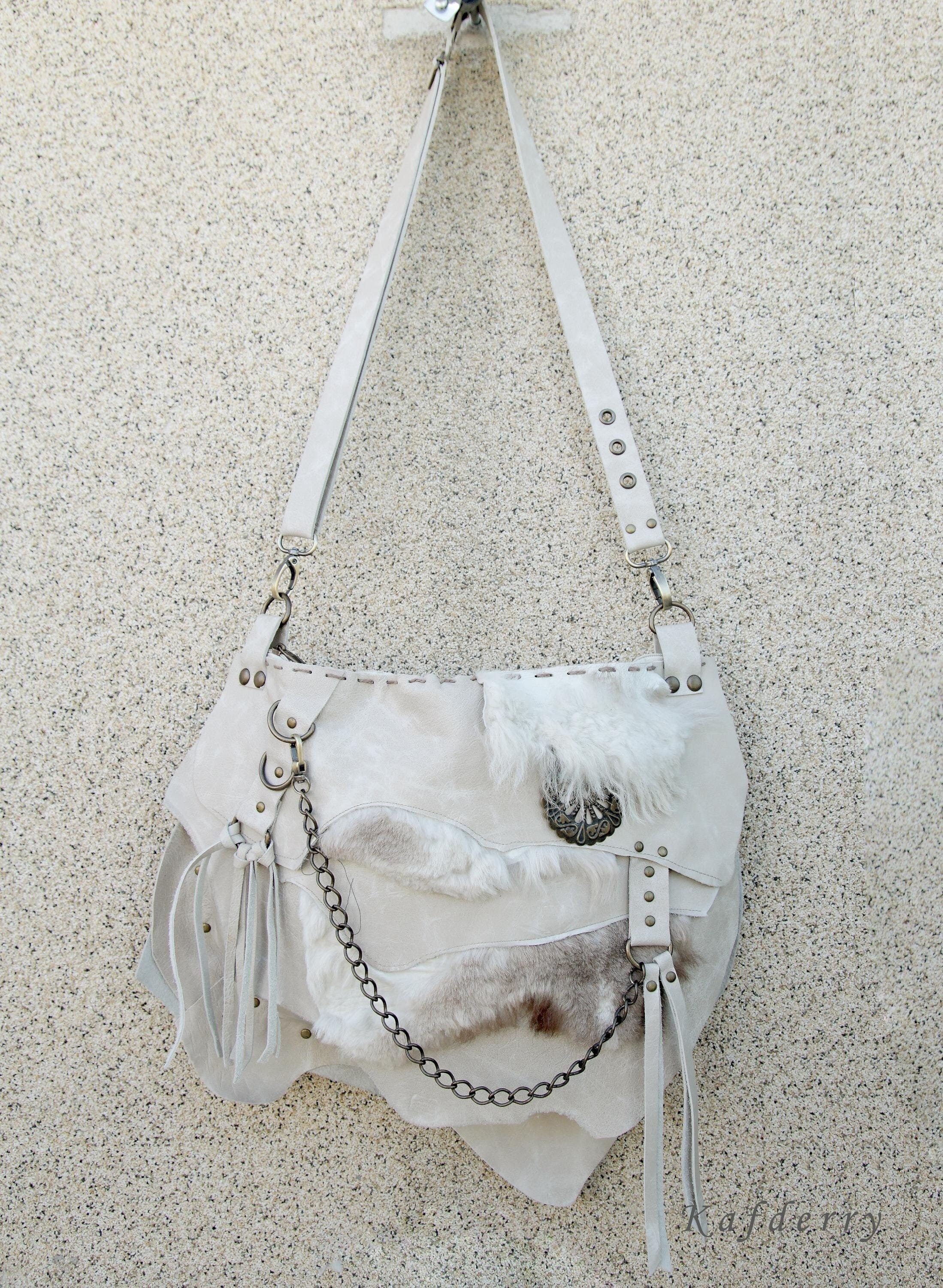 Distressed Leather Fur Cream Dirty Cream Ivory Crossbody Bag