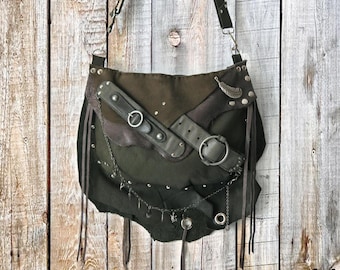 Dark khaki green gray nubuck leather crossbody bag /Military colors Hard Rock bag/Hobo Hippie Punk bag  Post Apocalyptic
