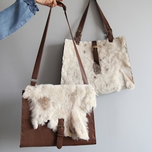 Original hand stitched lamb fur leather and cowhide leather bag / shoulder bag / Natural edge leather bag /OOAK