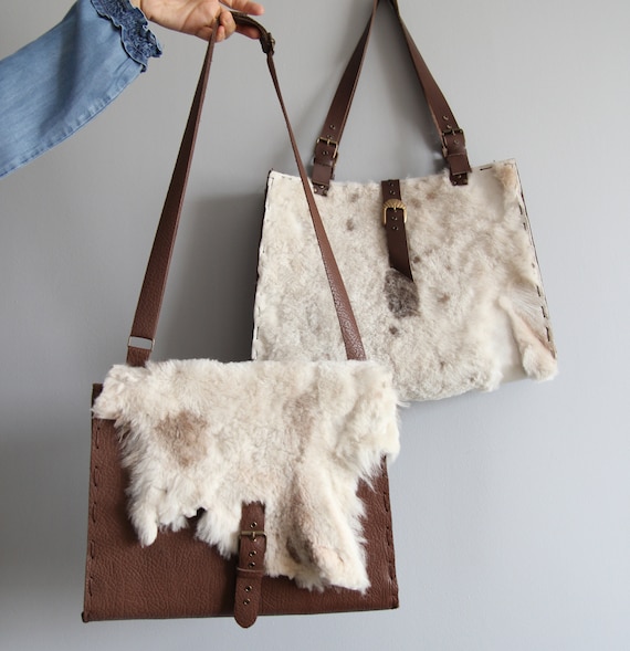 Original Hand Stitched Lamb Fur Leather and Cowhide Leather Bag Shoulder Bag Natural Edge Leather Bag OOAK Etsy