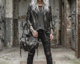 Jungle | Handmade Black Gray Fur Leather Bag | Fur & Black Sheepskin Grunge, Goth, Rock, Free People, Hobo, Hippie, Apocalyptic Tribal S