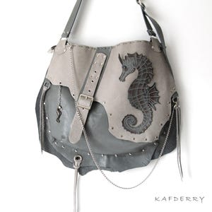 Handmade Shoulder -Grunge Studded Crossbody Purse Grey Mink Seahorse Design Gothic Hobo Hippie Punk Rock Leather Bag Free people image 3