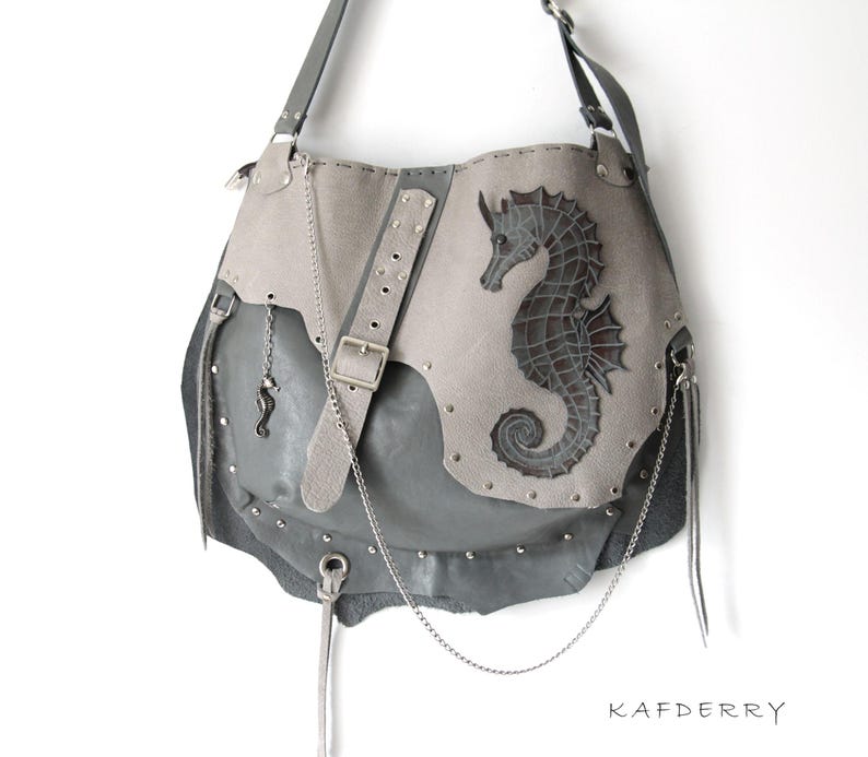 Handmade Shoulder -Grunge Studded Crossbody Purse Grey Mink Seahorse Design Gothic Hobo Hippie Punk Rock Leather Bag Free people image 3
