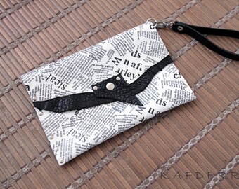 Newspaper Print Genuine Leather Wristlet, Edgy Avant-Garde Clutch Bag