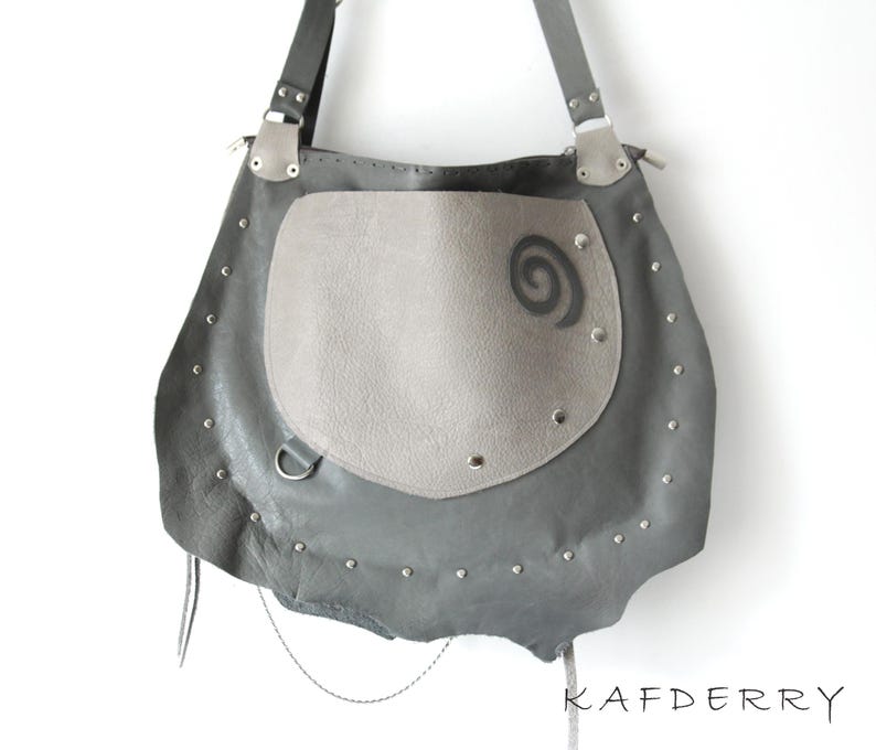 Handmade Shoulder -Grunge Studded Crossbody Purse Grey Mink Seahorse Design Gothic Hobo Hippie Punk Rock Leather Bag Free people image 8
