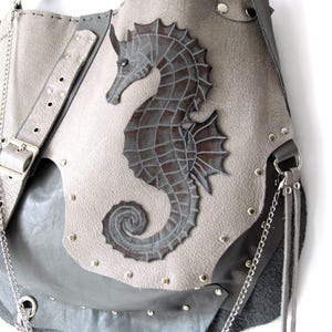 Handmade Shoulder -Grunge Studded Crossbody Purse Grey Mink Seahorse Design Gothic Hobo Hippie Punk Rock Leather Bag Free people image 7