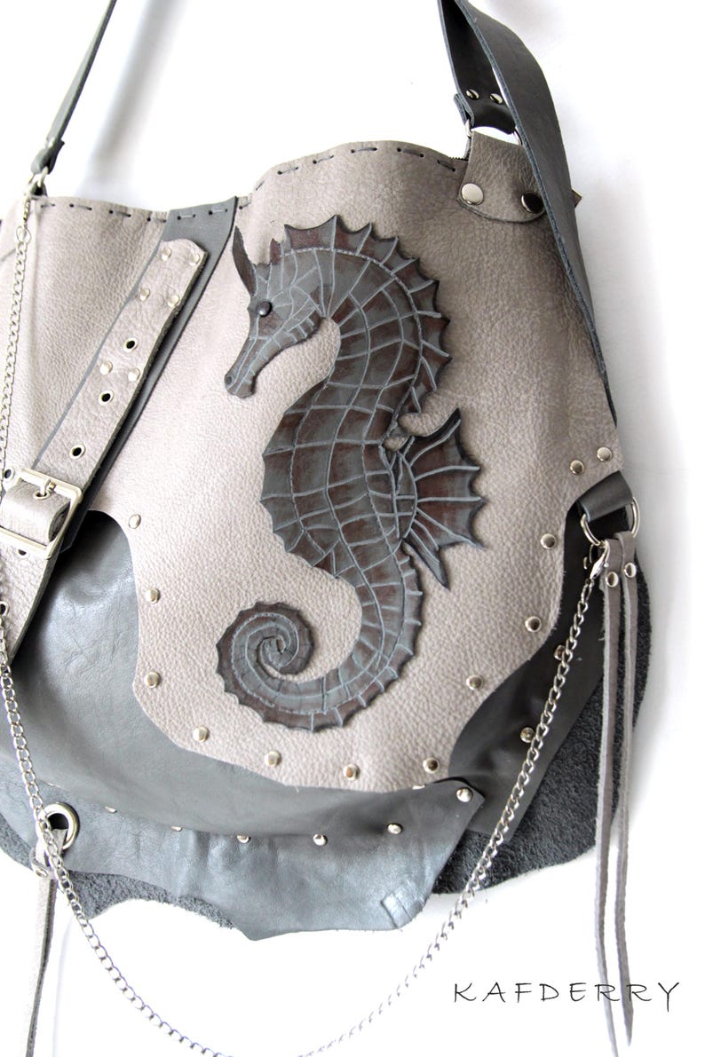 Handmade Shoulder -Grunge Studded Crossbody Purse Grey Mink Seahorse Design Gothic Hobo Hippie Punk Rock Leather Bag Free people image 7