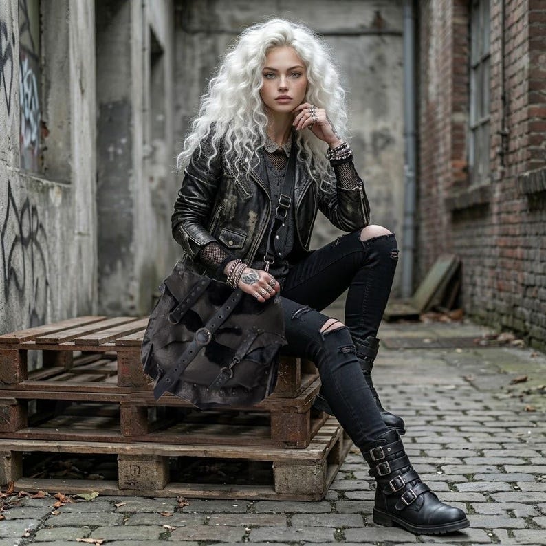 May include: A person wearing a black leather jacket, ripped black jeans, and black boots with buckles. A large, dark brown leather bag with buckles is slung over the shoulder. The person is sitting on a wooden pallet.