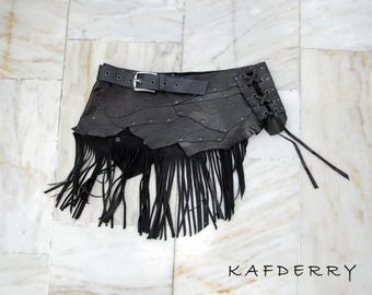 Handmade Black Leather Waist Belt - Detachable Fringes - Grunge Rock Punk Accessory