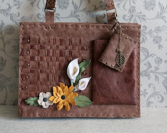 Unique Hand Stitched Distressed Woven Leather Shoulder Bag with Floral Detail