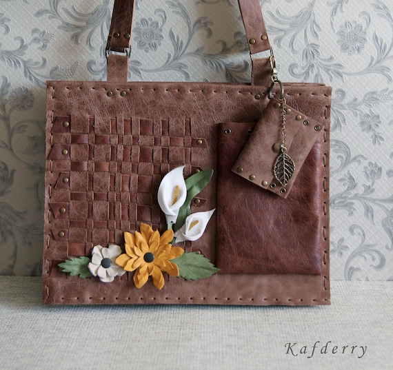 Unique Hand Stitched Distressed Woven Leather Shoulder Bag with Floral Detail